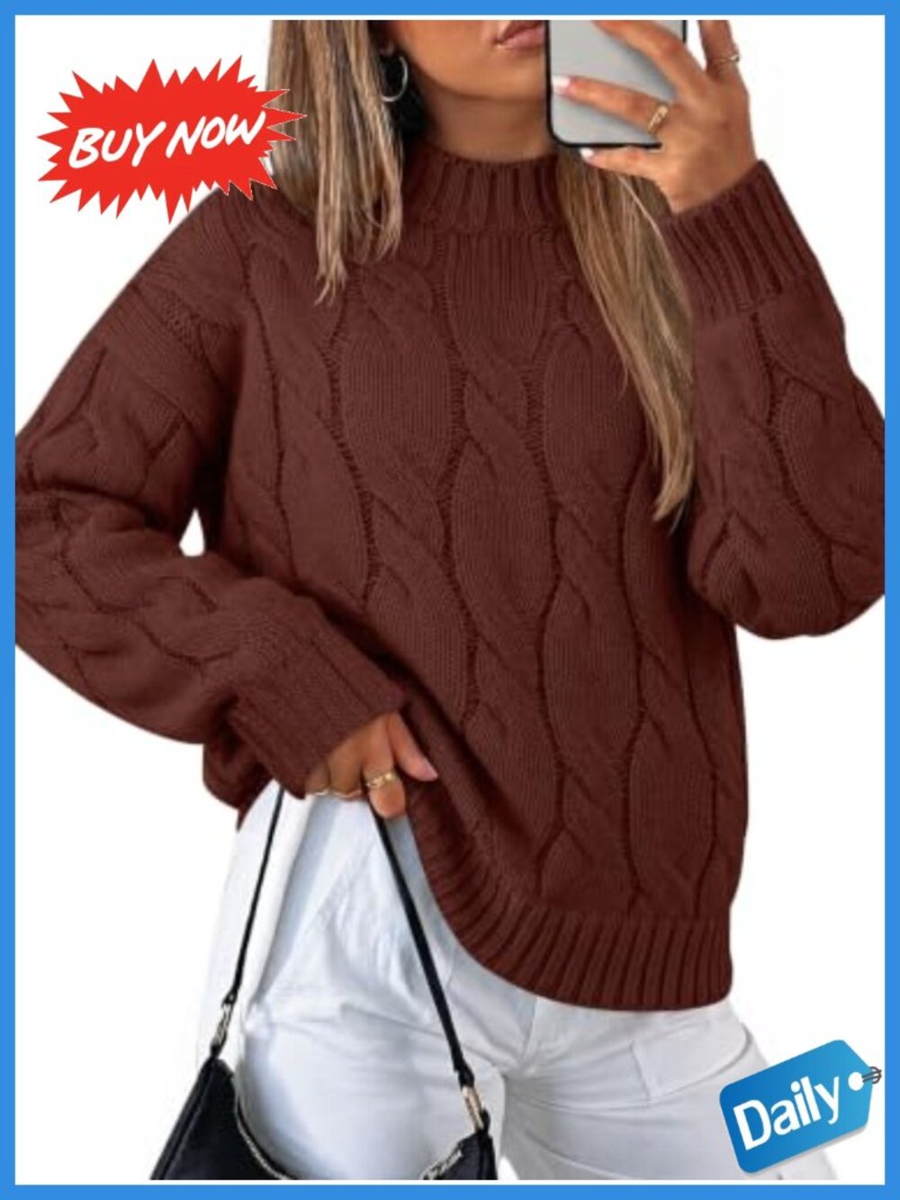 Mock Neck Cable Knit Pullover Sweater Loose Fit Long Sleeve
